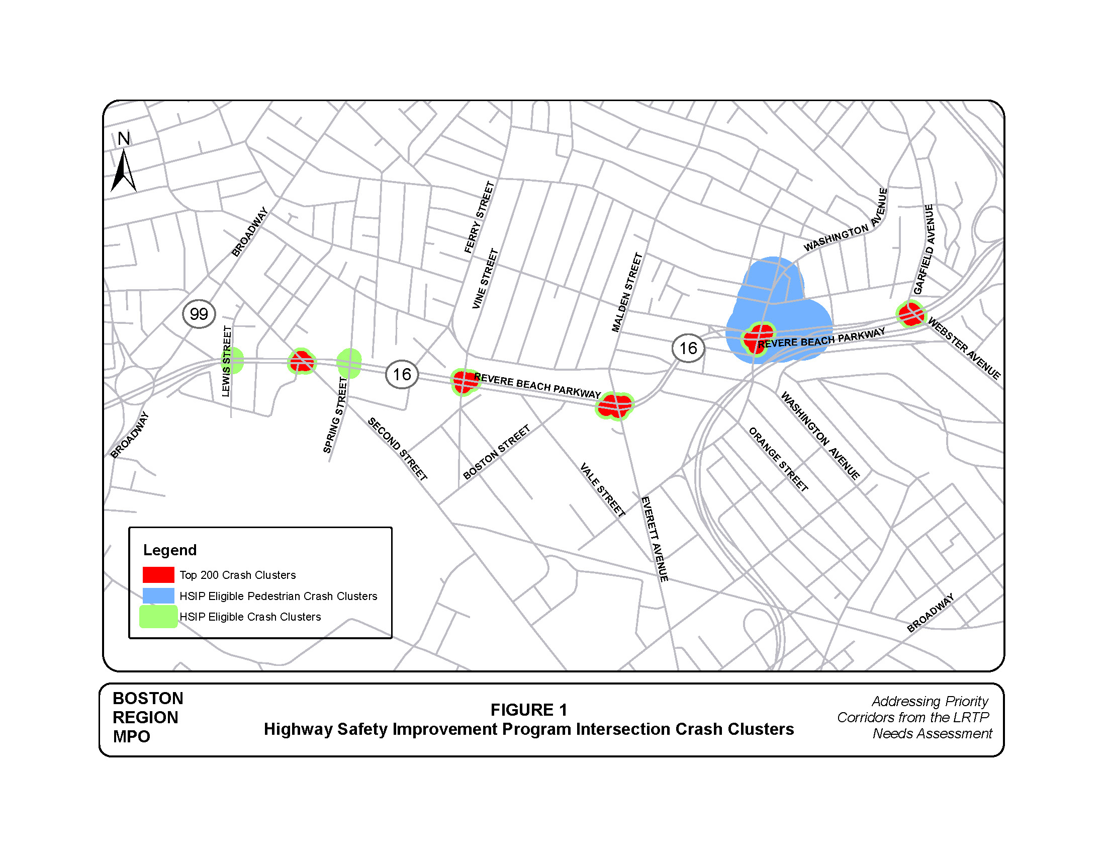 FIGURE 1
Figure 1 is a computer-drawn map that shows the study area on Route 16 in Chelsea and Everett and the high-crash locations 
